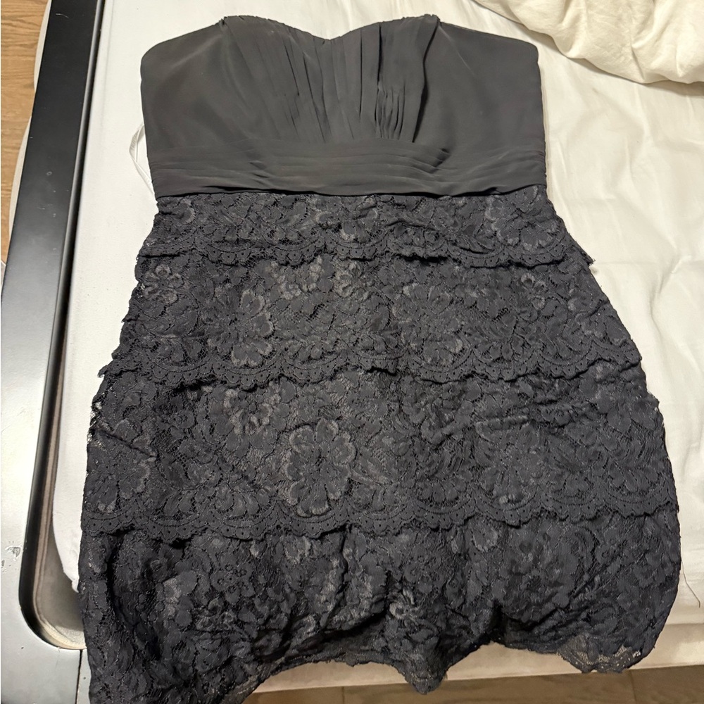 David's Bridal Black Strapless Lace Mini Dress